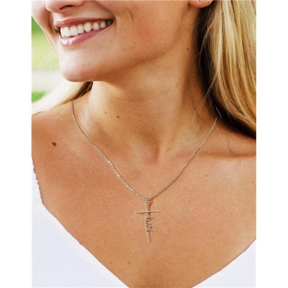Silver Faith Cross Pendant Necklace‎ for Women Religious Christian Jewelry - Picture 2 of 5